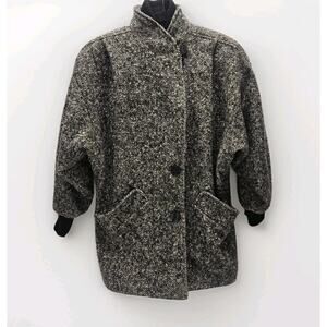Vintage 80s Womens Large Wool Blend Coat Black Gray Herringbone Jacket Made USA